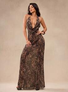 Glamance Ariqdhaksinargha Sexy Kleid mit tiefem Ausschnitt und extra langem Leoparden-Pailletten-Muster, geeignet für Sommerfestivals, Partys, Strand, Neckholder-Maxikleid mit Wasserfallausschnitt, Leoparden-Muster-Maxikleid, Geburtstagsessen-Kleid, Country-Konzert-Outfit, Western-Wear für Frauen, Club-Outfits für Frauen, sexy Ausgehkleid, Streetwear für Frauen, Grunge-Punk, Y2K 2000er, Schulanfang, Date-Night-Outfits für Frauen