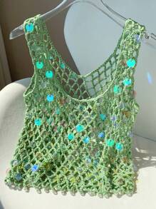 SHEIN EZwear Women's Summer Vacation Hand-Crocheted Heavy Beaded Camisole Sexy Tops Women