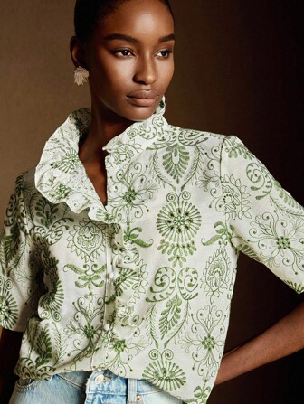 Écloséra 女式夏季优雅刺绣荷叶边领衬衫