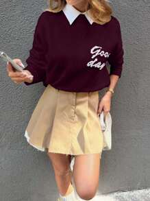 EURMUSE Women's Daily Wear "Good Days" Letter Pattern Knitted Crew Neck Sweater, Autumn - Burgundy - View 6