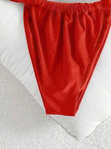 Swim Vcay Áo ngực hở lưng bằng vải không gọng màu ngọc trai lấp lánh dự tiệc có viền kim loại, bộ bikini ngày lễ đơn giản và thanh lịch dành cho nữ - Đỏ - Xem 4