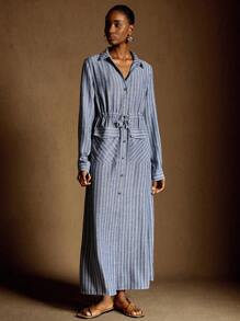 Écloséra Casual Temperament Elegant Fashionable Simple Commuting Daily Versatile Stylelapel Long-Sleeved Cardigan Large Pockets Loose Waist Drawstring Non-Elastic Yarn-Dyed Blue Stripes Ladies' Four Seasons Dress Vintage Vintage Clothes Women Vacation Dress Fall Cloth For Women