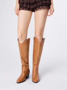 ROMWE Fairycore Bottes hautes western marron brodées, design à enfiler, mode extérieure