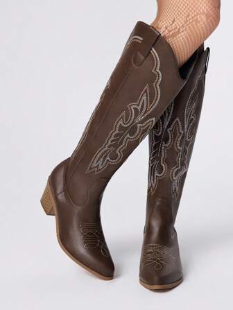 Fairycore Brown Western Style Embroidered Slip-On Knee High Boots, Women Fashion Leather Shoes For Spring Autumn
