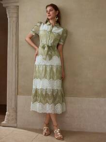MOTF PREMIUM GREEN COLOR BLOCK HOLLOW OUT EMBROIDERED LACE PATCHWORK ELEGANT CASUAL VACATION EVERYDAY DRESS - Green - View 6