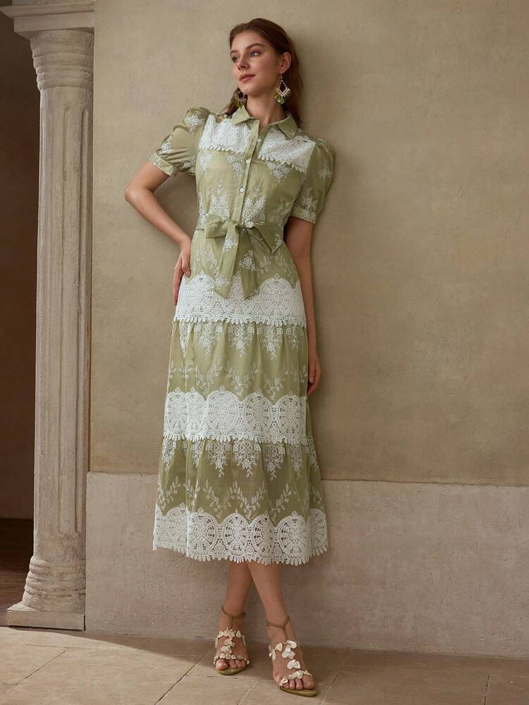 GREEN COLOR BLOCK HOLLOW OUT EMBROIDERED LACE PATCHWORK ELEGANT CASUAL VACATION EVERYDAY DRESS