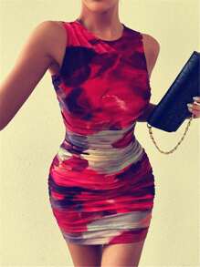 Chiquease Women Summer Tie Dye Print Sleeveless Ruched Bodycon Tank Dress For New Year Clothes