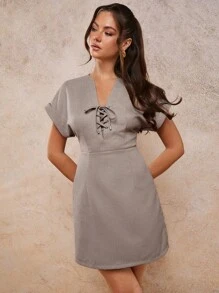 COSMINA 女士优雅度假V领宽袖束腰迷你连衣裙，春夏 - 灰色 - 查看 4