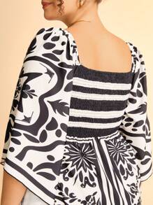 CAJUNI Plus Size Women Boho Retro Black Print Hollow-Out Loose Long Sleeve Maxi Dress, Vacation Style - Multicolor - View 7