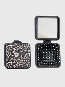 ROMWE Grunge Punk 1pc Leopard Print Comb Set With Air Cushion, Portable Folding Comb & Mirror, Back To School Supplies (Pattern Placement Random) - Black - View 1