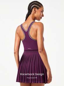 GLOWMODE FeatherFit™-Air Quick-Dry Tennis Built-In Cups Pleated Peekaboo Elasticized Waist Dress With Built-In Shorts Side Pockets Running Workout Gym - Cherry Cola - View 3
