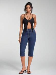 Jeanoix Petite Jeans pitillo de 7/8 de longitud con diseño de botones en la cintura y bolsillos para mujer estilo Y2K - Azul lavado oscuro - Ver 7