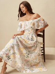 Anewsta Elegant Off Shoulder Ruffle Trim Cinched Waist Loose Resort Style Dress For Women - Yellow - View 1