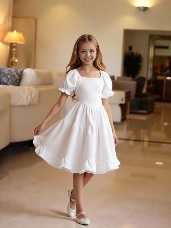 Young Girl Summer Casual Solid Color Square Neck Puff Sleeve Ruffle Hem Dress