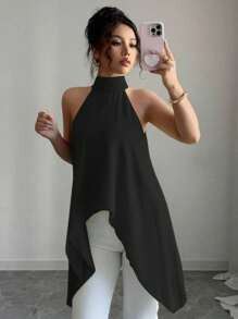 Rafferiza Áo sơ mi nữ cổ yếm không tay màu xanh lá cây nhạt thường ngày mùa hè - màu đen - Xem 3