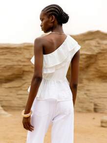 Lumivelle GuavaGirl SummerHoliday Homecoming Dress Women's All White One Shoulder Top Casual Asymmetrical Neck Woven Blouse With Ruffle Hem Detail And Regular Fit RomanticTops