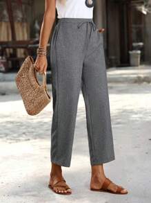 EMERY ROSE Pantalones recortados rectos informales con bolsillo y cintura con lazada en unicolor para mujeres