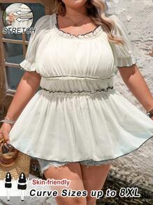 SHEIN CURVE+ Plus Size Romantic Date Apricot Long Bubble Sleeves With Contrasting Edges, Short Multi-Layer Split Fit Women's Shirt, Doll Shirt/Graphic Tees - Apricot - View 7