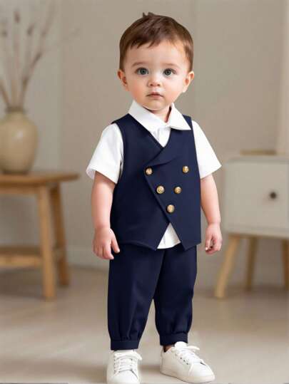 SHEIN Bộ trang phục mùa hè đa năng phong cách quý ông cho bé trai - Áo vest xám, quần dài cạp chun, phù hợp cho tiệc sinh nhật, tiệc tối, biểu diễn, đám cưới, tiệc mừng em bé chào đời, lễ rửa tội, lễ kỷ niệm sinh nhật lần thứ nhất. Bộ đồ bé trai màu xanh hải quân, bộ vest bé trai 18 tháng, bộ đồ quý ông, bộ vest bé trai màu xanh hải quân mùa thu đông.