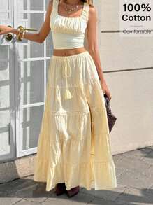 Siren Gaze Falda cinturada color amarillo mantequilla para mujer - Outfits de verano 2025 | Dobladillo con volantes y abertura lateral | Estilo casual para playa, traslado, citas y talla grande | 100% algodón | Moda de otoño y verano