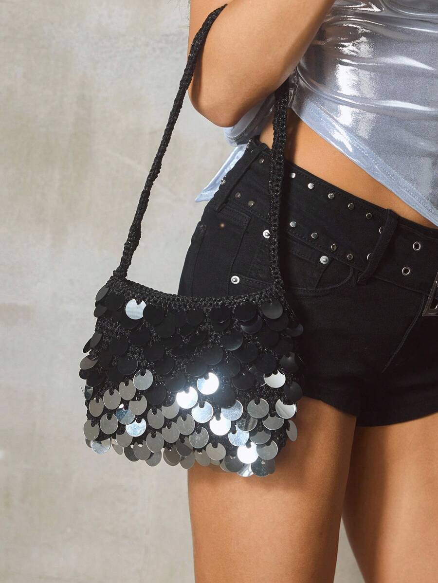 ROMWE Grunge Punk Bolso de hombro elegante de moda con decoración de lentejuelas para mujeres - Negro - Ver 1