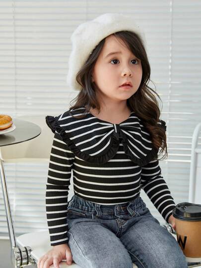 SHEIN Leap Crew Young Girl Striped Print Statement Collar Tee