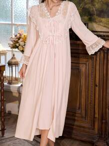 PalaceNights Set de 2 piezas de pijama: Camisón con bordado floral y bata, ropa de otoño e invierno - Rosa - Ver 3