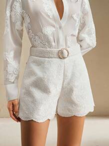 Anewsta 女士优雅办公室通勤纯色蕾丝短裤，夏季 - 白色 - 查看 1