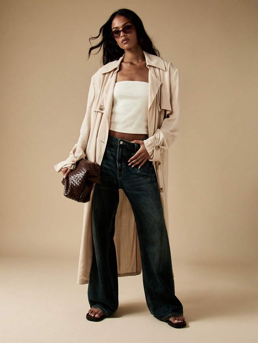 MISSGUIDED Luxury Linen Feel Oversized Trench Coat Double Breasted Maxi Length Spring Fall Fashion Outerwear Classic Casual Elegant