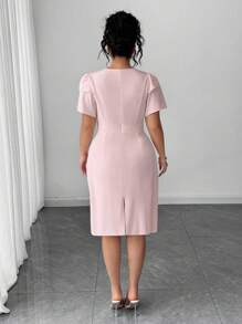 Elenzga Rochie midi elegantă pentru femei, mărime plus, culoare solidă, guler rotund, mânecă bufantă - Roz - Vizualizare 2