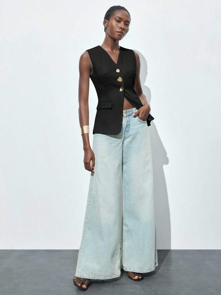 SHEIN Maija MAIJA Casual Double Breasted Solid Colour Long Sleeve Blazer