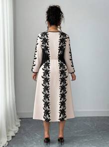 Elenzga فستان ماكسي أنيق بطبعة زهور مع رقبة على شكل حرف V وأكمام طويلة لحجم كبير للنساء