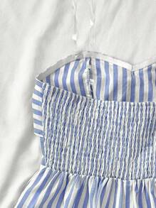SHEIN Teen Girls Vintage Fashion Holiday Strapless Bow Decor Twist Knot Backless Blue And White Striped Textured Fabric Casual Romper, Summer Clothes, Beach Vacation Outfits, Rave Outfit, Vacation Outfits/ Girls Summer Romper/ Striped Romper Girls Blue And White Romper/ Baby Girl Summer Romper/ Strapless Romper - Blue and White - View 7