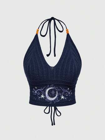 Hippie Boho-Stil Sommer Damen Outfit, Hippie Urlaubsstimmung Auge, Mond & Stern Stickerei Blau-Grün Perlen Strickoberteil