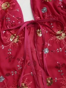 SHEIN Sweetro Áo cổ yếm thắt nơ trang trí thêu hạt cườm mới cho nữ, thiết kế dây buộc có thể điều chỉnh, phù hợp cho mùa xuân và mùa hè - Màu Hồng Tươi - Xem 3