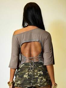 ROMWE Street Life California Girl Street Style Rhinestone Embellished Sexy Backless Shoulder T-Shirt For Women - Green - View 3