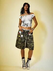 ROMWE Y2K Streetwear Sexy Off Shoulder Fitted T-Shirt With Body Print - White - View 8