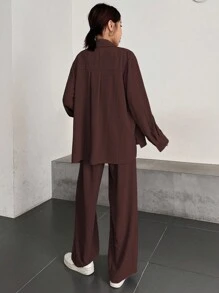 DAZY 女士简约纯色纽扣衬衫长裤两件套，秋季家居服套装 - 棕色 - 查看 2