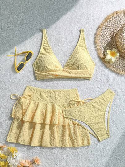 Swim Mod Women's 3pcs/Set Yellow Mini Dress Bikini Set, Special Fabric, Vacation Wear, Summer