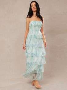 L'Amorae 褶皱层叠印花长连衣裙 - 綠色 - 查看 4