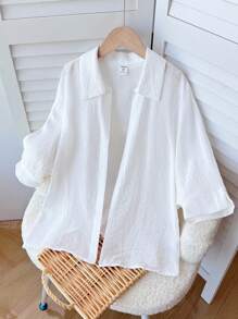 SHEIN Tween Girls Casual Solid White Loose Fitting Batwing 3/4 Sleeve Blouse - White - View 8