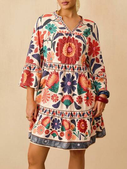 Travachic Plus Size Vacation Casual Printed Loose Peasant Dress, Long Sleeve,Beach Dress Sundress,Holiday Outfits Boho