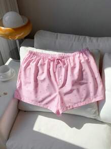SHEIN EZwear 大码女式优雅条纹印花甜美粉色蝴蝶结低腰弹力短裤，夏季 - 粉色 - 查看 3