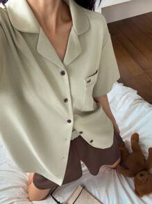 DAZY Comfortable Knit Color Block Letter Embroidery Short Sleeve & Shorts Ladies Pajama Set - Green - View 3
