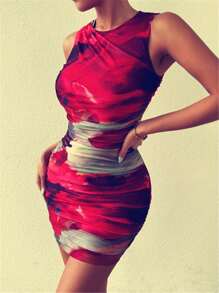 Chiquease Women Summer Tie Dye Print Sleeveless Ruched Bodycon Tank Dress For New Year Clothes