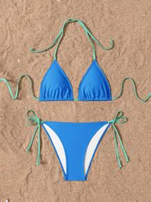 Swim Basics Conjunto de bikini playero de verano para mujer con corte halter y nudo, en estilo colorblock y sexy
