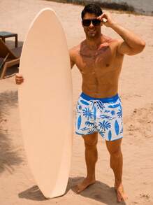 Surfspeed Herren Palmenbaum Muster Shorts mit Kordelzug in der Taille, Lässig Strandshorts - Blau - Übersicht 3