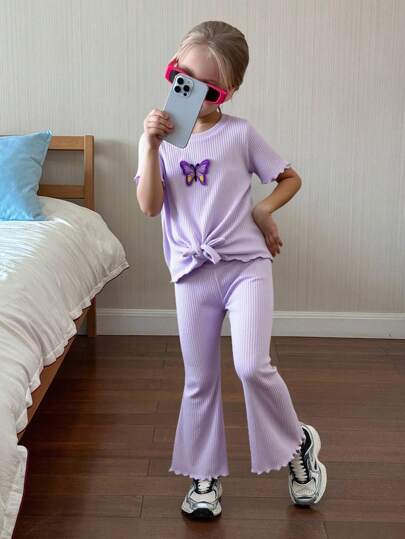 Young Girl Butterfly Print Knot Hem Tee & Flare Leg Pants