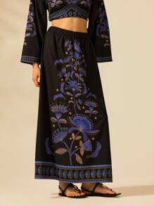 CAJUNI 女式休闲度假蓝紫色花卉印花黑色松紧腰褶皱 A 字裙 - 彩色 - 查看 1
