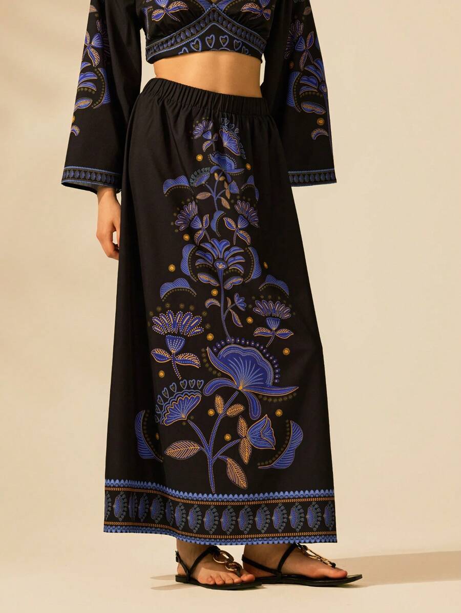 CAJUNI 女式休闲度假蓝紫色花卉印花黑色松紧腰褶皱 A 字裙 - 彩色 - 查看 1